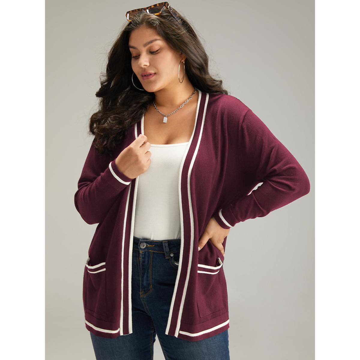 Plus Size Supersoft Essentials Striped Patchwork Pocket Open Front Cardigan Burgundy Women Casual Loose Long Sleeve Everyday Cardigans BloomChic 22-24/3X Product Image