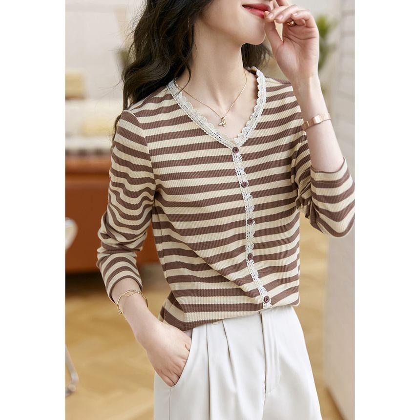Long-Sleeve V-Neck Striped Ribbed Lace Trim Button T-Shirt Product Image