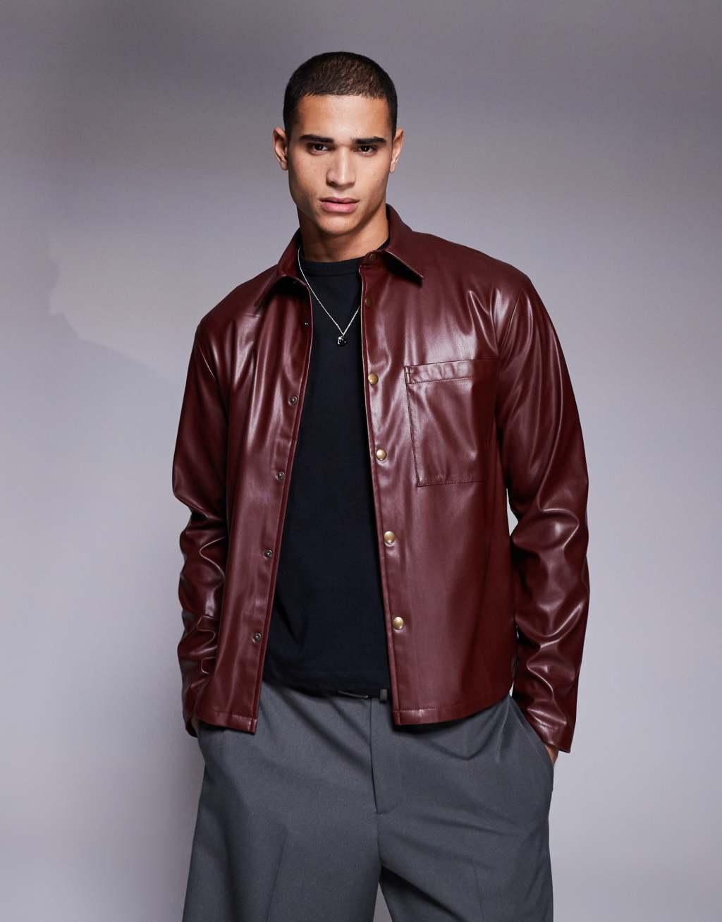 ASOS DESIGN faux leather oversize boxy shirt in burgundy - part of a set Product Image