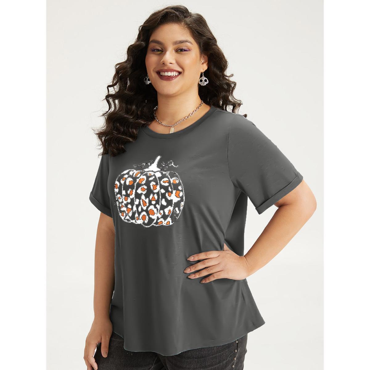 Plus Size Halloween Pumpkin Print Crew Neck T-shirt DimGray Women Casual Printed Halloween Dailywear T-shirts BloomChic 14-16/1X Product Image