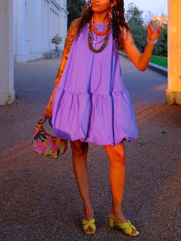 High Waisted Loose Pleated Solid Color Round-Neck Mini Dresses Product Image