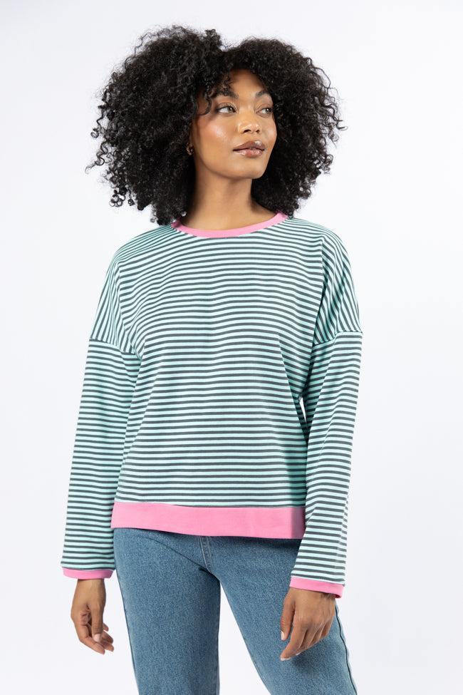 Think On It Pink, Navy, and Charcoal Striped Contrast Trim Pullover FINAL SALE Product Image
