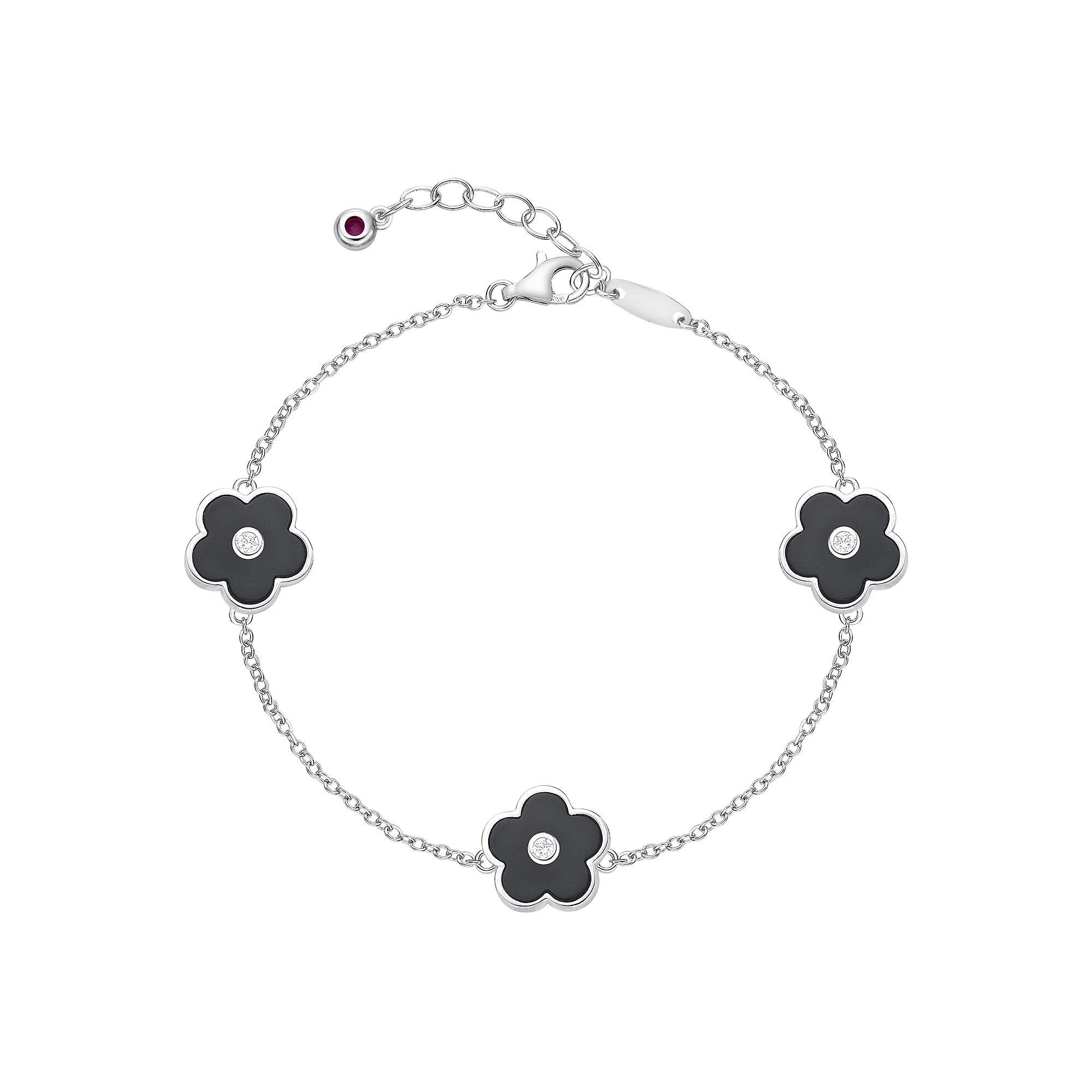 Gemminded Sterling Silver Black Onyx & Cubic Zirconia Flower Pendants Bracelet, Women's, Size: 8" Product Image
