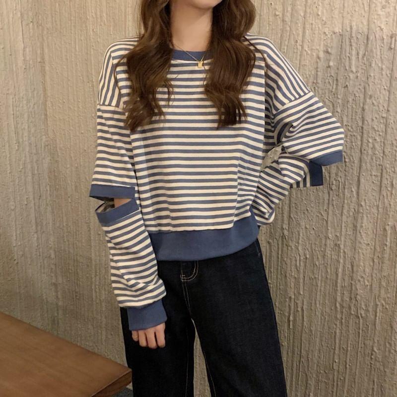 Crewneck Striped Cutout Pullover Product Image