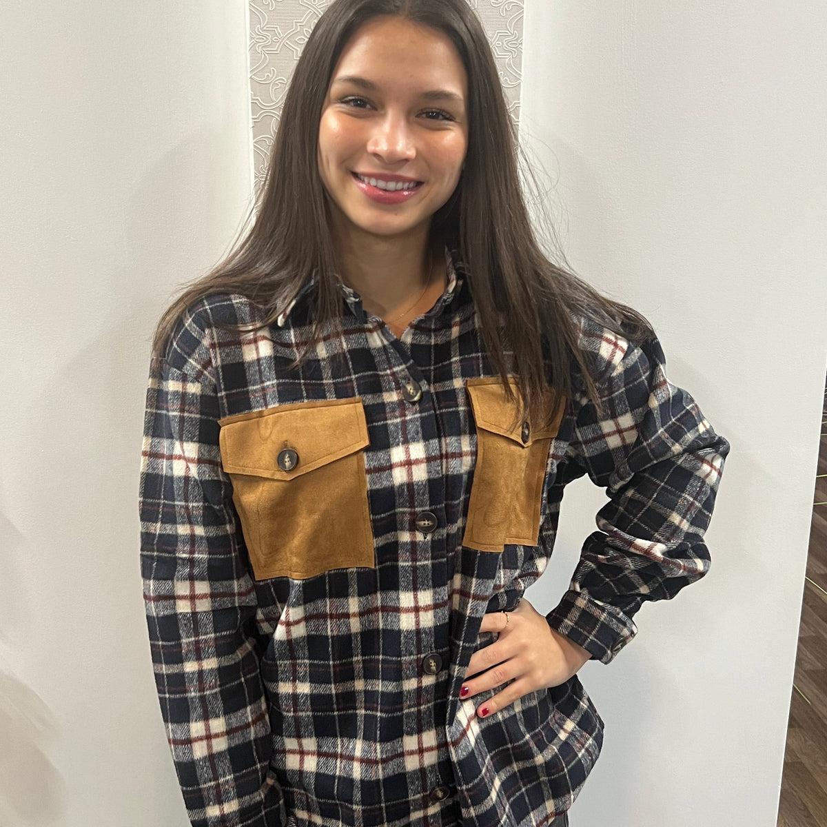 Long Sleeve Suede Pocket Detail Brushed Plaid Shacket Product Image