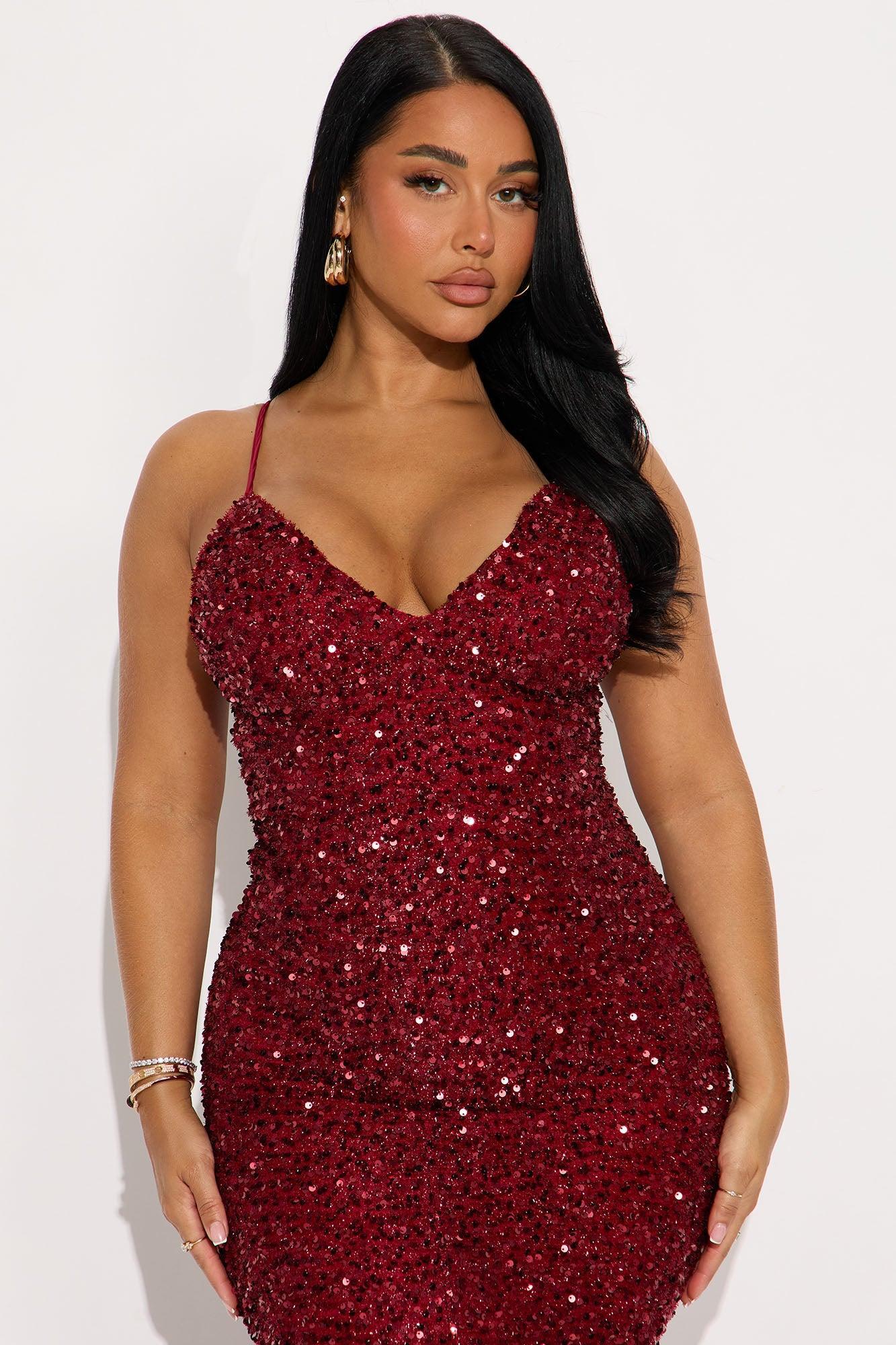 Zoey Spaghetti Strap Feathered Sequin Gown - Wine Product Image