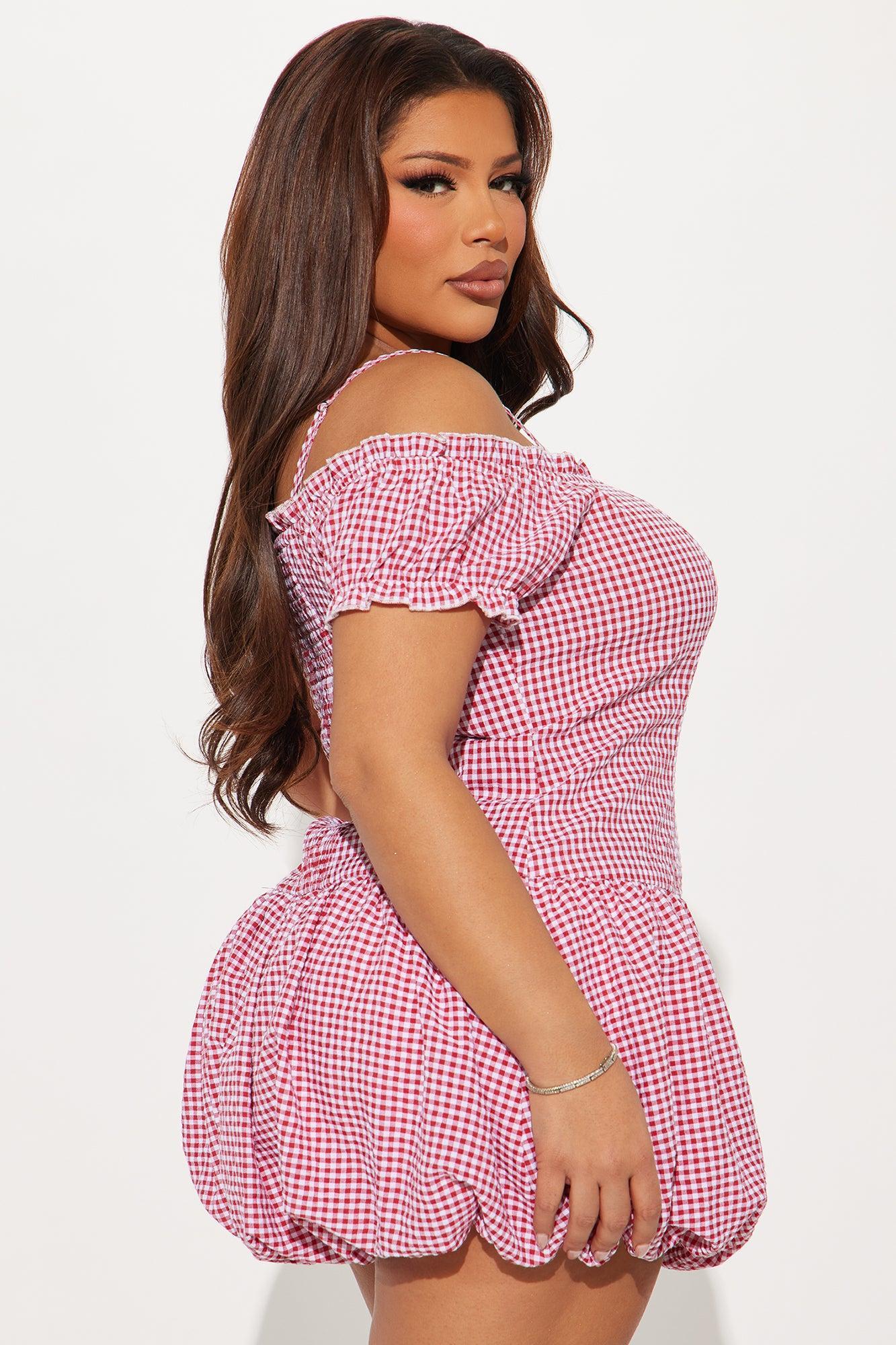 Maggie Gingham Bubble Micro Mini Dress - Red/White Product Image