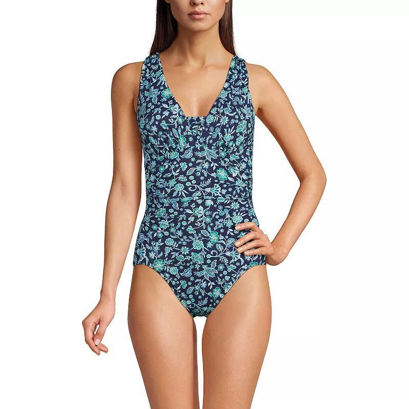 Women's Lands' End D-Cup Slender Grecian Tummy-Control One-Piece Swimsuit, Size: 14D, Red Rose Purple Product Image