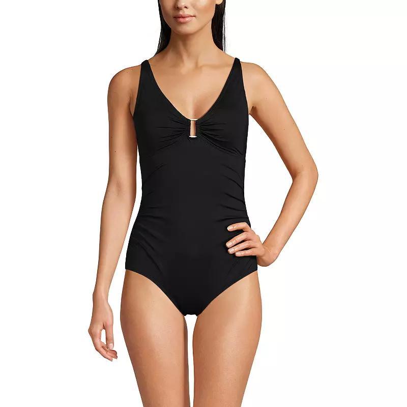 Womens Lands End Long Torso Embellished V-Neck Shirred One-Piece Swimsuit Product Image