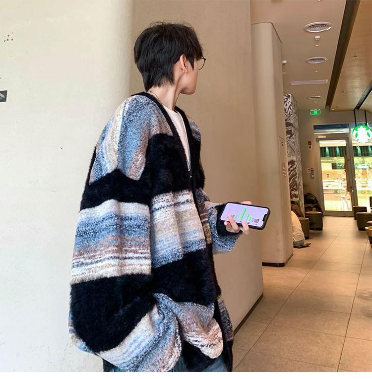 V-Neck Striped Button-Up Cardigan Product Image