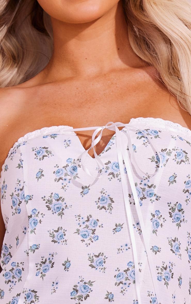 White Ditsy Floral Woven Bandeau Tie Lace Detail Mini Dress Product Image