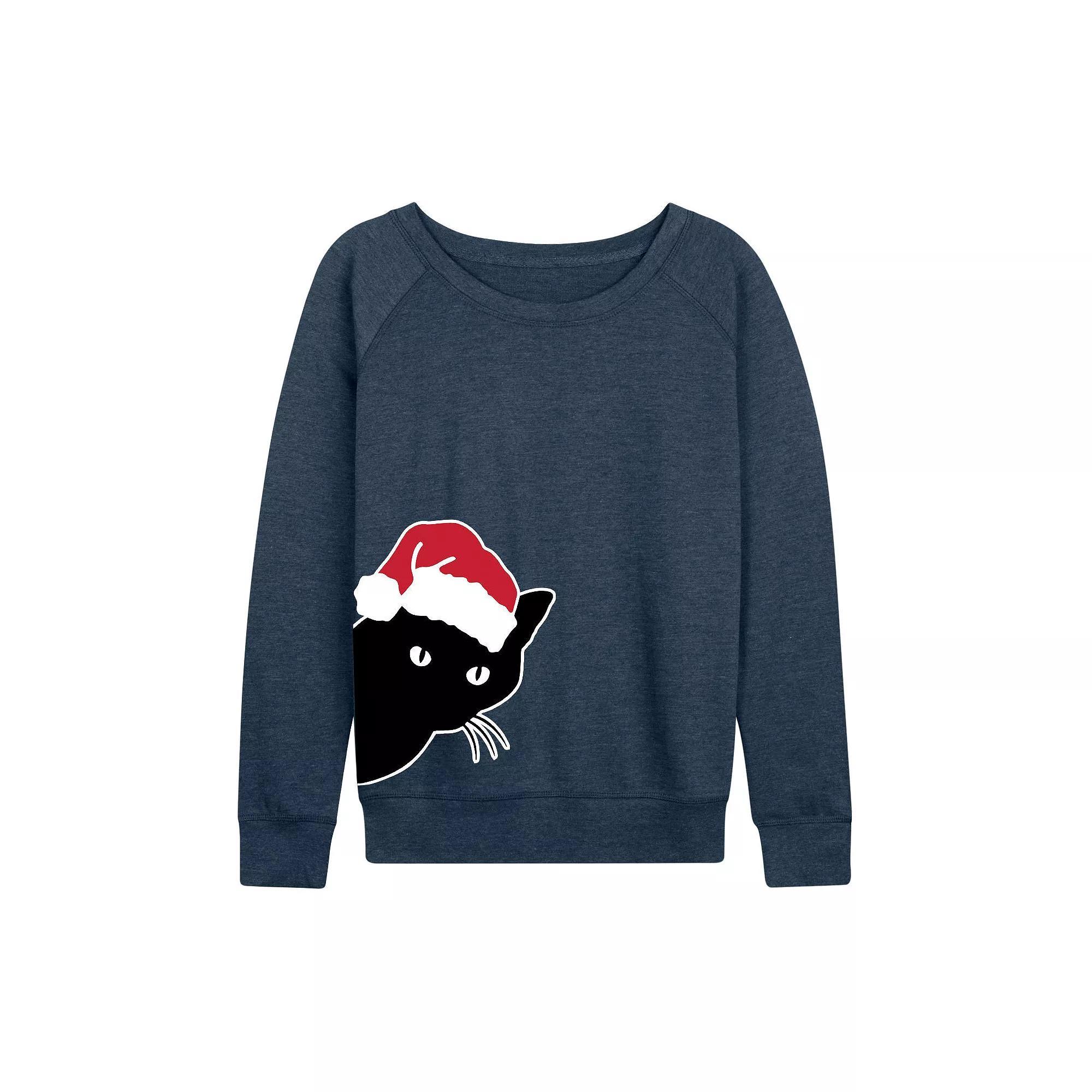 Womens Peeking Cat French Terry Long Sleeve Tee Grey Green Product Image