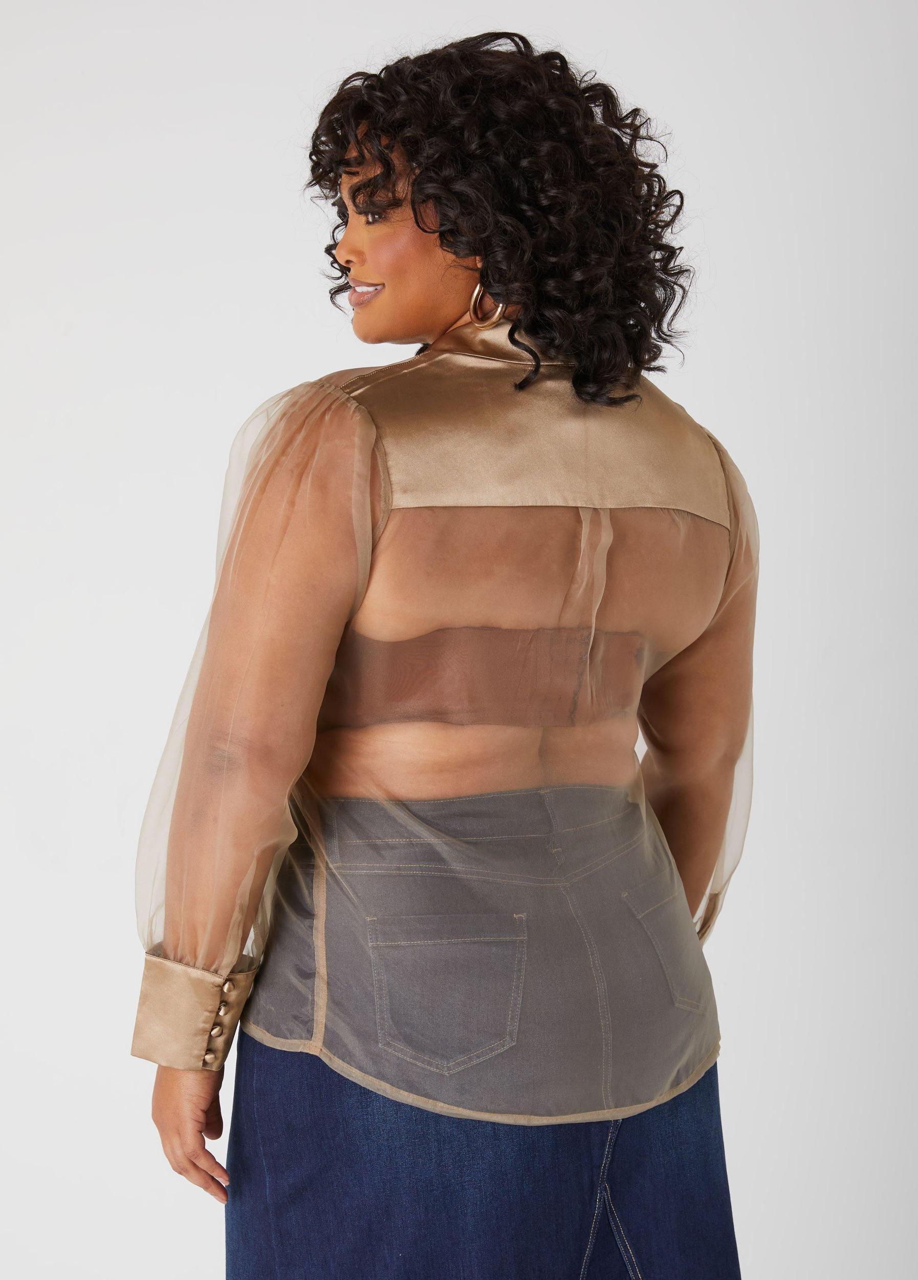 Plus Size Satin Paneled Chiffon Shirt Ashley Stewart Product Image