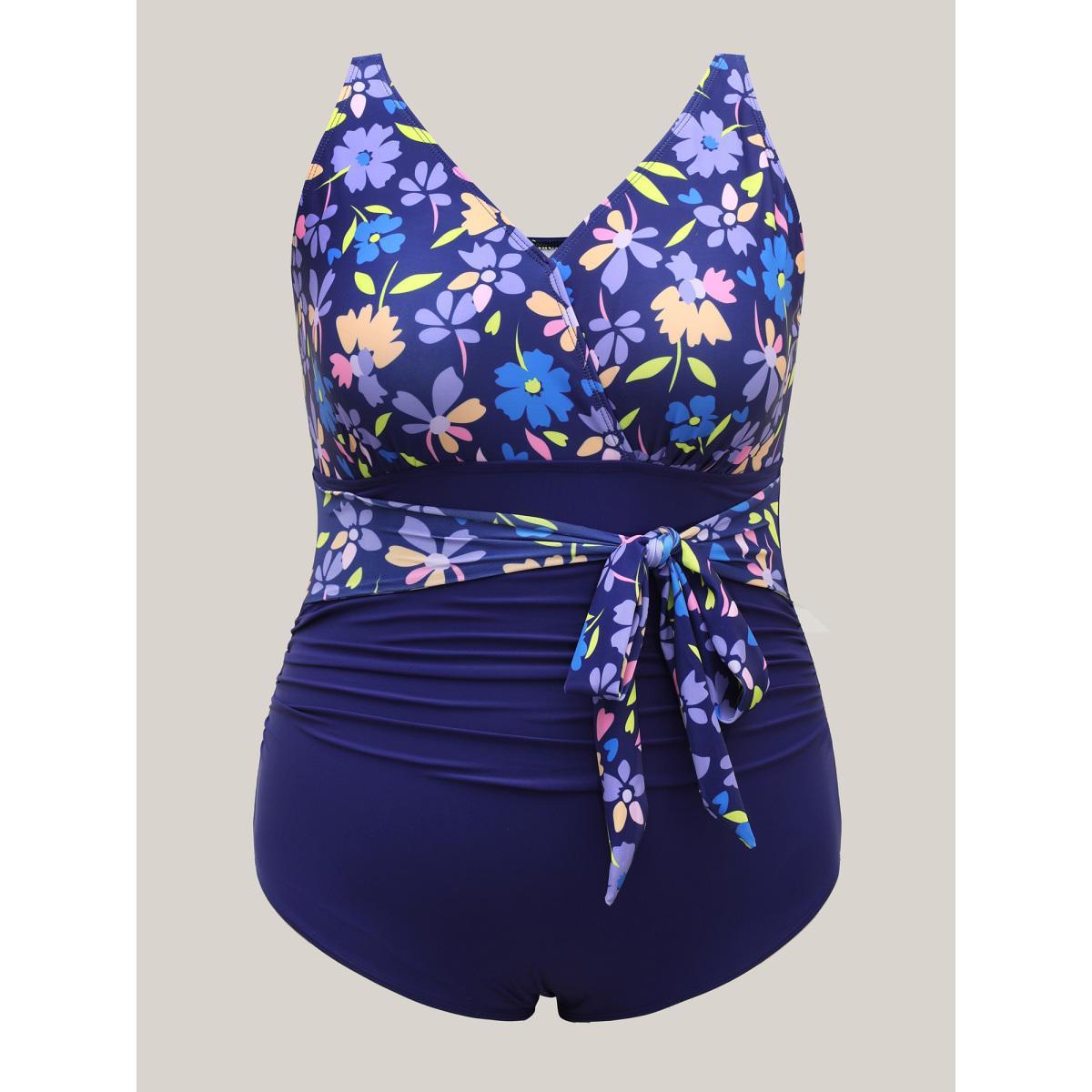 Plus Size Floral Ruffled Belted One-Piece Swimsuit Women's Swimwear Indigo Beach Tie knot Curve Bathing Suits High stretch One Pieces BloomChic 14-16/1X Product Image