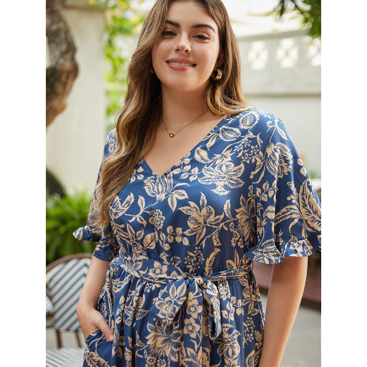 Plus Size Silhouette Floral Print Belted Flutter Trim Dress DarkBlue Women Vacation Gathered V-neck Short sleeve Curvy Midi Dress BloomChic 12/L Product Image