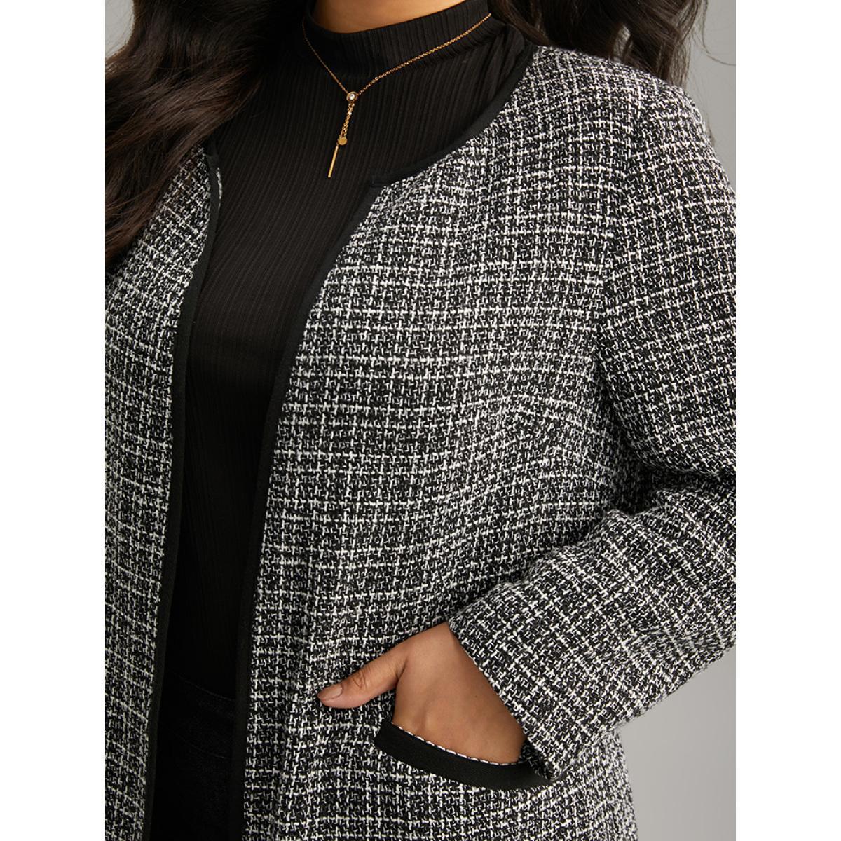 Plus Size Tweed Patchwork Open Front Pocket Coat Women Black Casual Texture Ladies Dailywear Winter Coats BloomChic 10/M Product Image