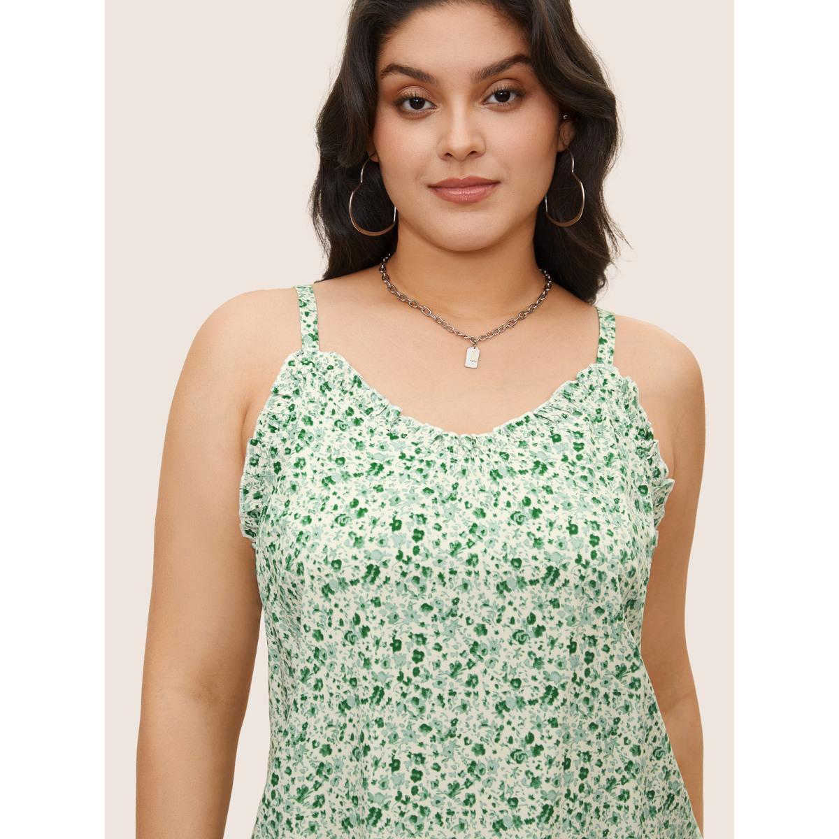 Plus Size Ditsy Floral Frill Trim Adjustable Straps Cami Top Women Moss Casual Frill Trim V-neck Everyday Tank Tops Camis BloomChic 18-20/2X Product Image