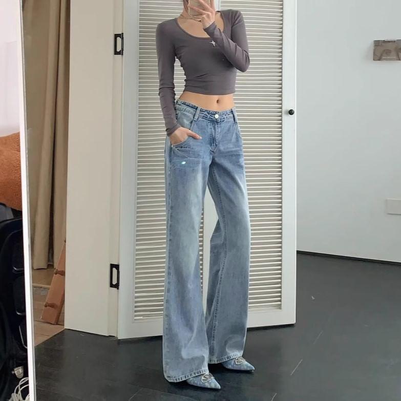 Low Waist Washed Wide Leg Jeans Product Image
