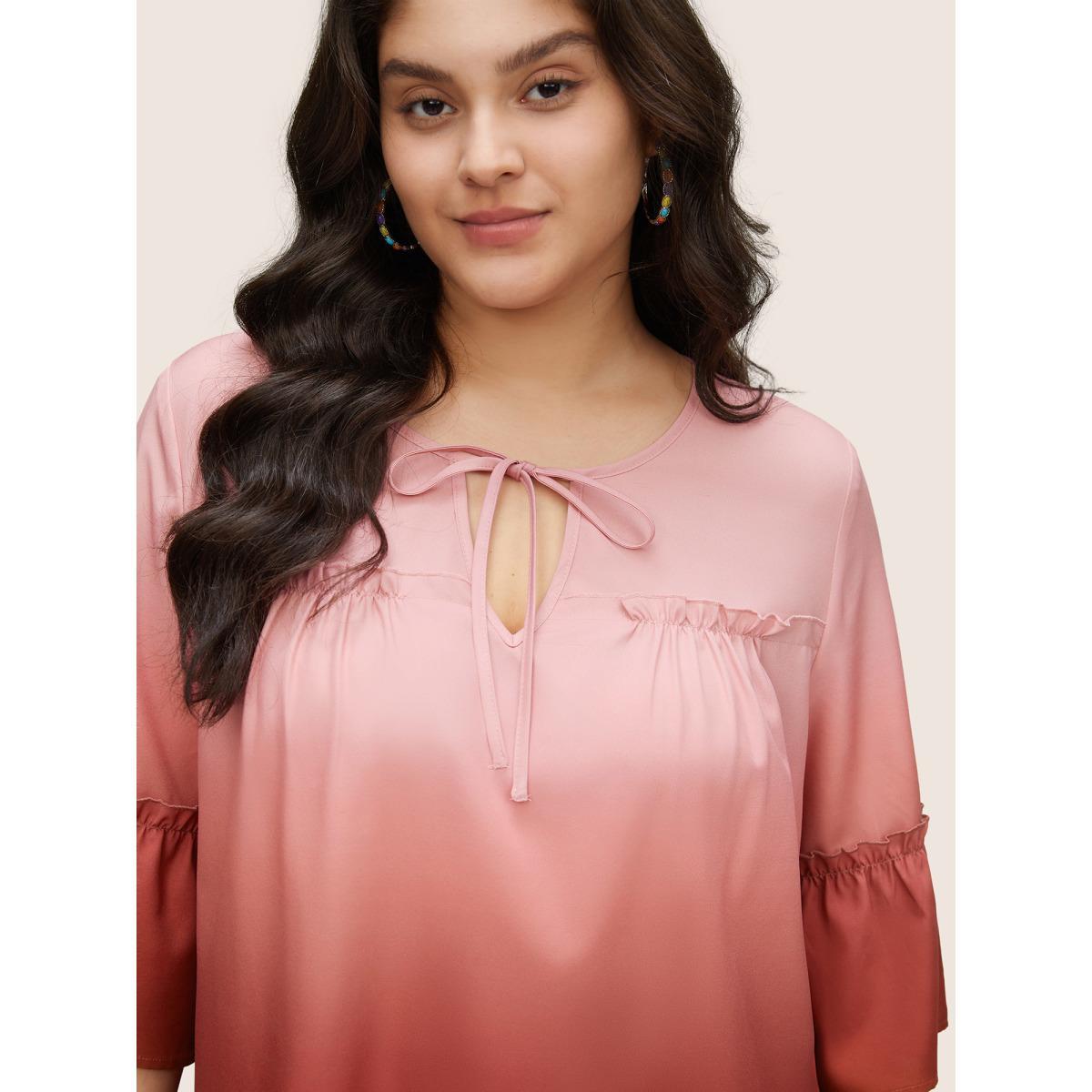 Plus Size Scarlet Ombre Tie Neck Gathered Ruffle Sleeve Blouse Women Resort Elbow-length sleeve Notched collar Vacation Blouses BloomChic 26/4X Product Image