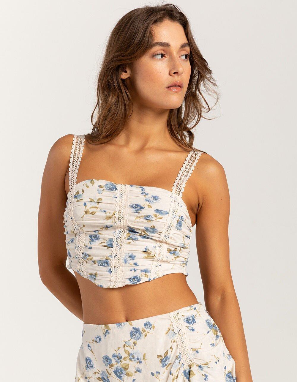 FULL TILT Cinch Lace Trim Womens Cami - BLUE COMBO Product Image