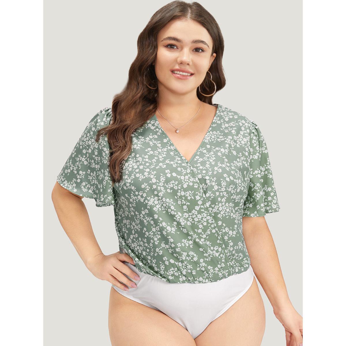 Plus Size Ditsy Floral Overlap Collar Flutter Sleeve Bodysuit Women Green Ditsy Floral Printed Bodysuits BloomChic 14-16/1X Product Image