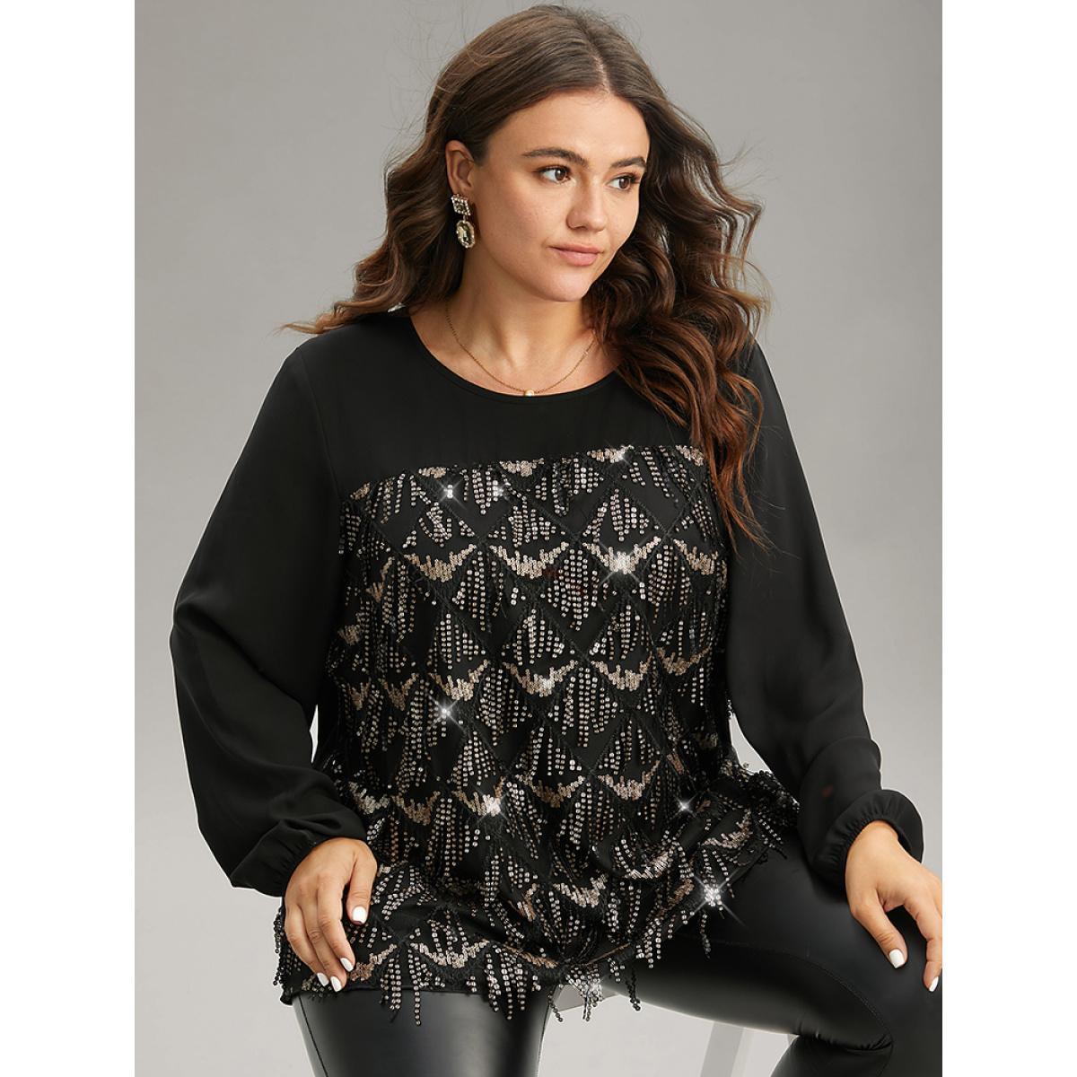 Plus Size Black Sequin Tassel Trim Patchwork Lantern Sleeve Blouse Women Glamour Long Sleeve Round Neck Party Blouses BloomChic 18-20/2X Product Image