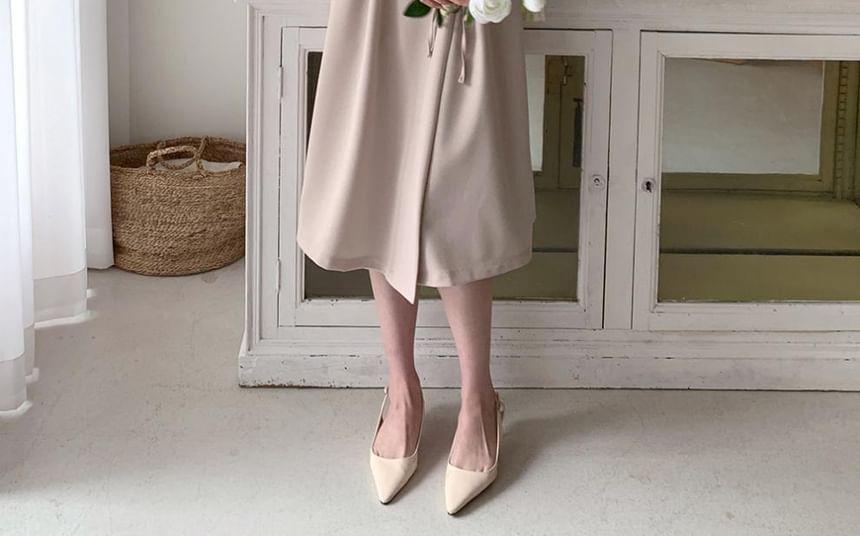 Long-Sleeve V-Neck Plain Tie Waist Midi A-Line Dress Product Image