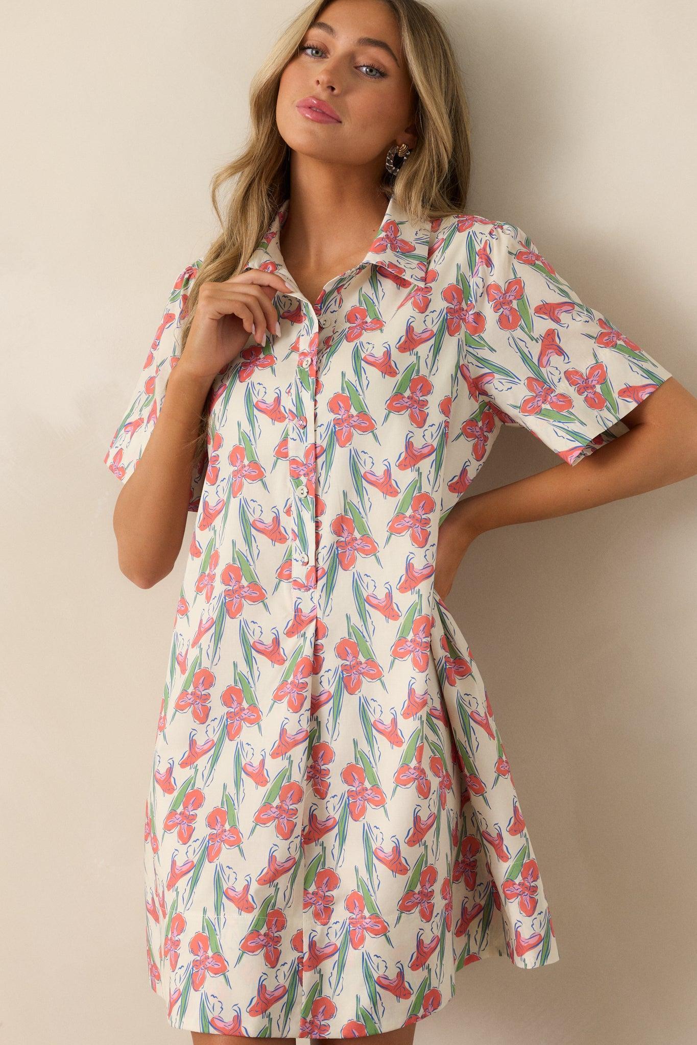 Oasis Of Calm Cotton Orange Floral Mini Dress Product Image