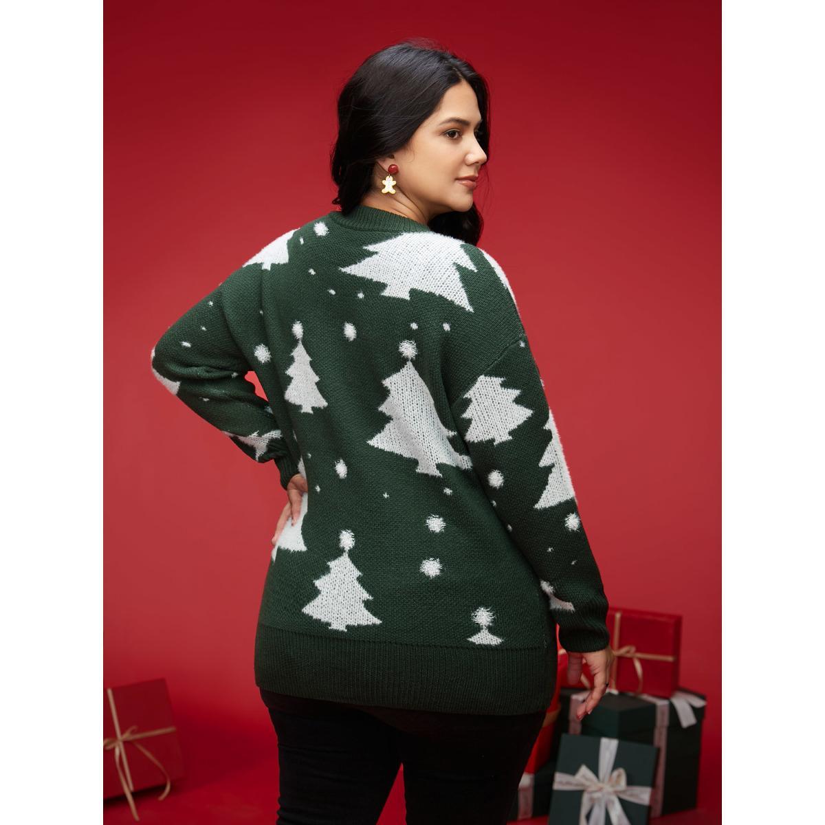 Plus Size Festive Trees Ribbed Detailing Pullover DarkGreen Women Casual Loose Long Sleeve Round Neck Everyday Pullovers BloomChic 30/6X Product Image