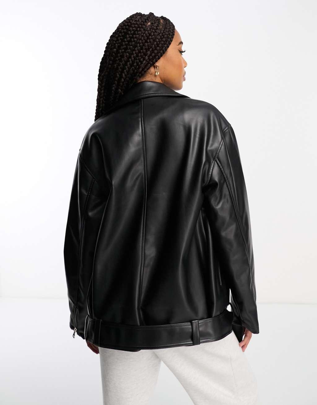 ASOS DESIGN Tall longline oversized faux leather biker jacket Product Image