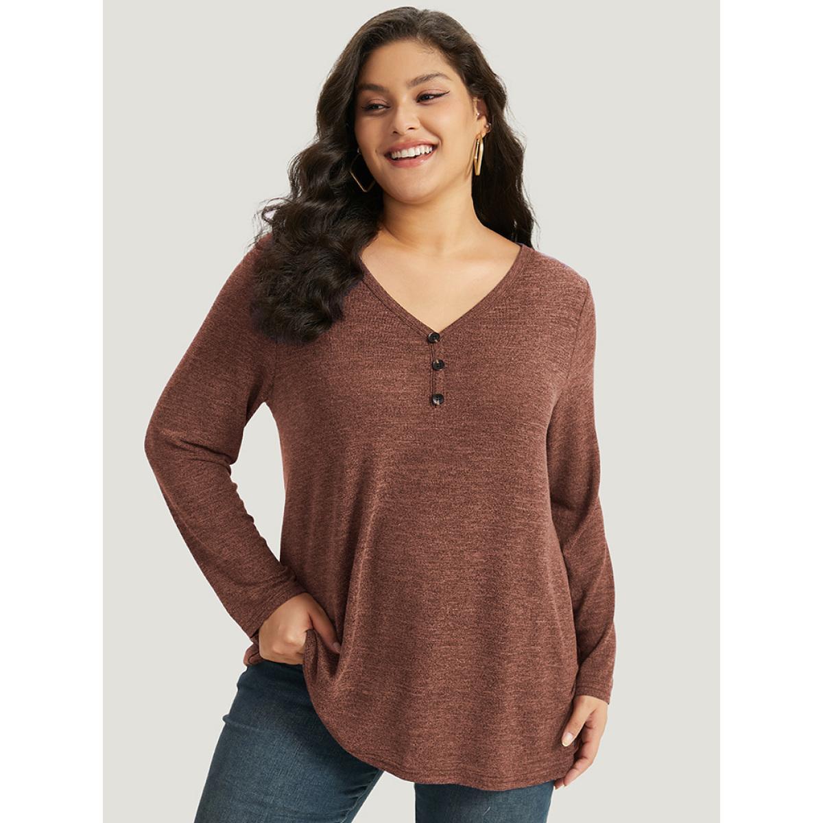Plus Size Heather Button Up Long Sleeve T-shirt Blue Women Casual Heather Plain V-neck Everyday T-shirts BloomChic 28/5X Product Image