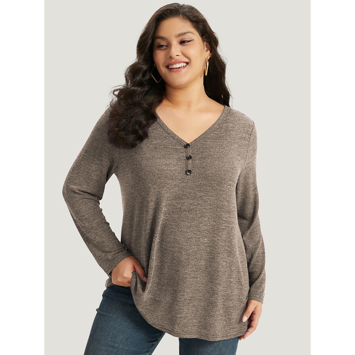 Plus Size Heather Button Up Long Sleeve T-shirt LightBrown Women Casual Heather Plain V-neck Everyday T-shirts BloomChic 26/4X Product Image