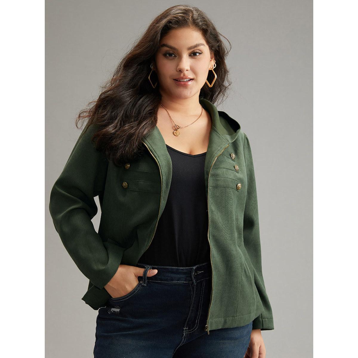 Plus Size Solid Metal Detail Hooded Zipper Jacket Women ArmyGreen Casual Plain Ladies Everyday Winter Coats BloomChic 30/6X Product Image