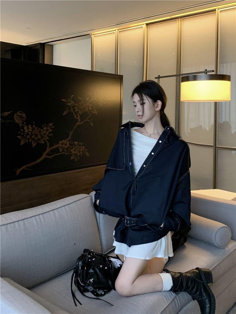 Lapel Collared Plain Patchwork Loose Shirt / Long-Sleeve Crew Neck Plain Top / Mid Rise Mini Skirt / Set Product Image