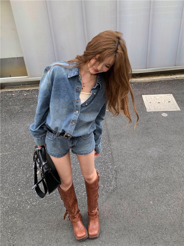Set: Long-Sleeve Washed Button-Up Denim Shirt + Low Rise Hot Pants Product Image