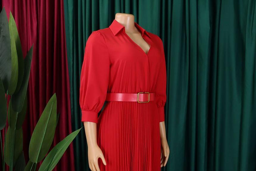 Plus Size Long Sleeve V-Neck Maxi Dress With Belt Product Image