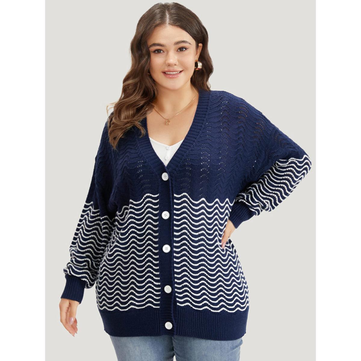 Plus Size Water Ripple Button Fly Elastic Cuffs Cardigan DarkBlue Women Casual Loose Long Sleeve Dailywear Cardigans BloomChic 22-24/3X Product Image