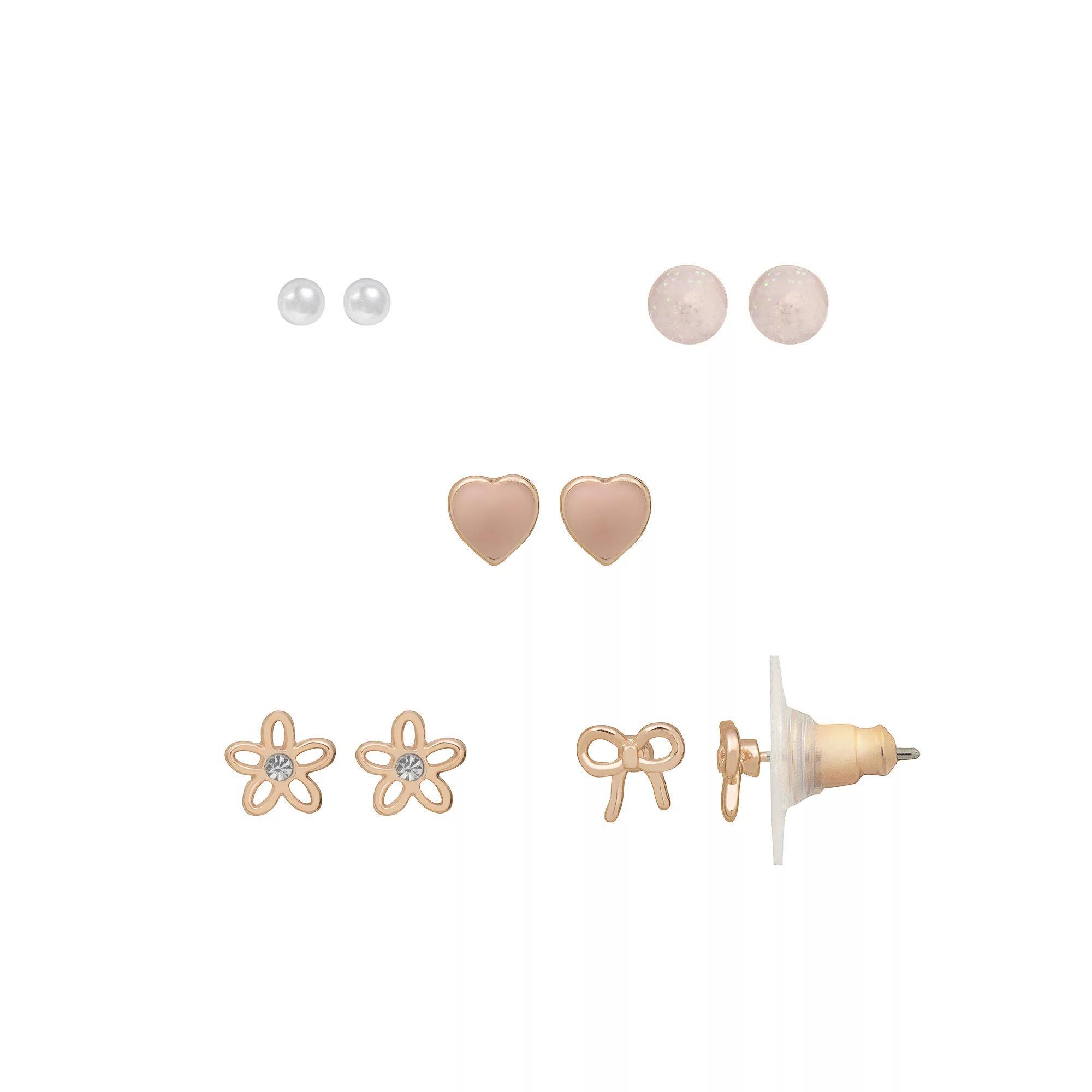 LC Lauren Conrad 5-Pack Heart Earring Stud Set, Women's, Pink Product Image