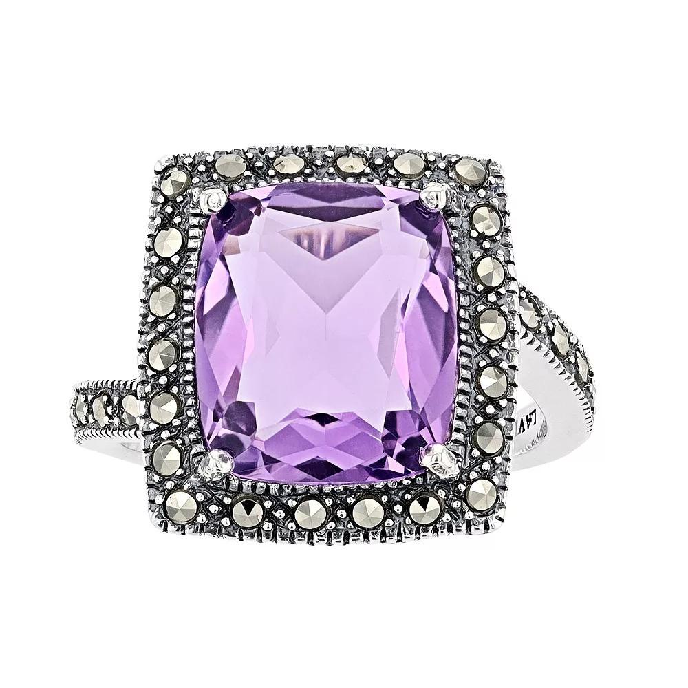 Lavish by TJM Sterling Silver Lab-Created Amethyst & Marcasite Cushion Ring, Women's, Size: 7 Product Image