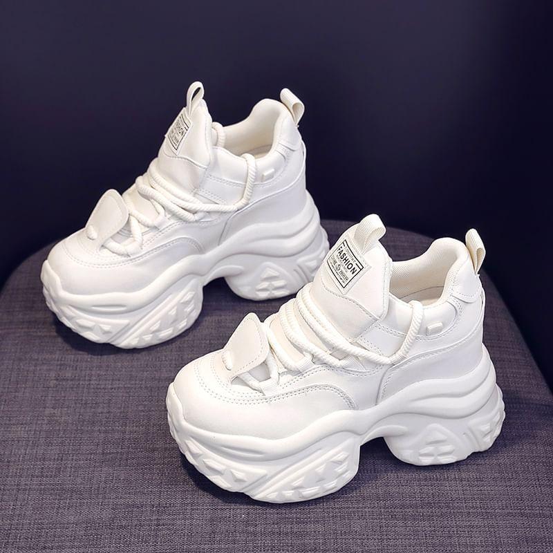 Platform Hidden Wedge Plain Lace-Up Faux Leather Sneakers Product Image