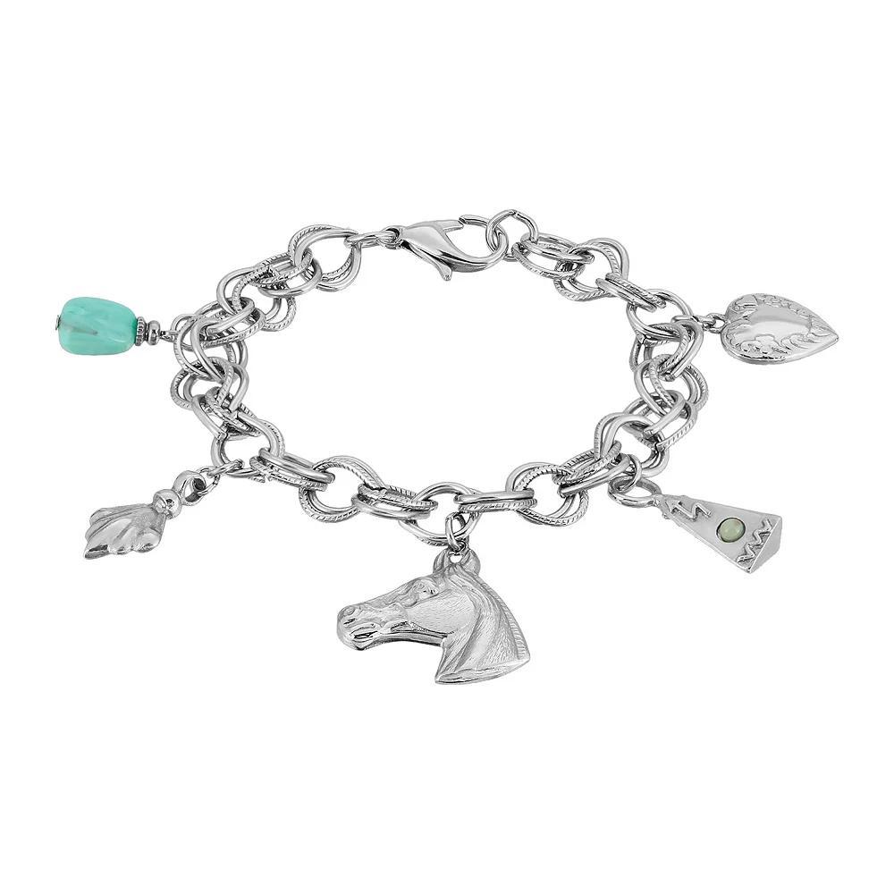 1928 Silver Tone Turquoise Color Accents & Multi-Charm Bracelet, Women's Product Image