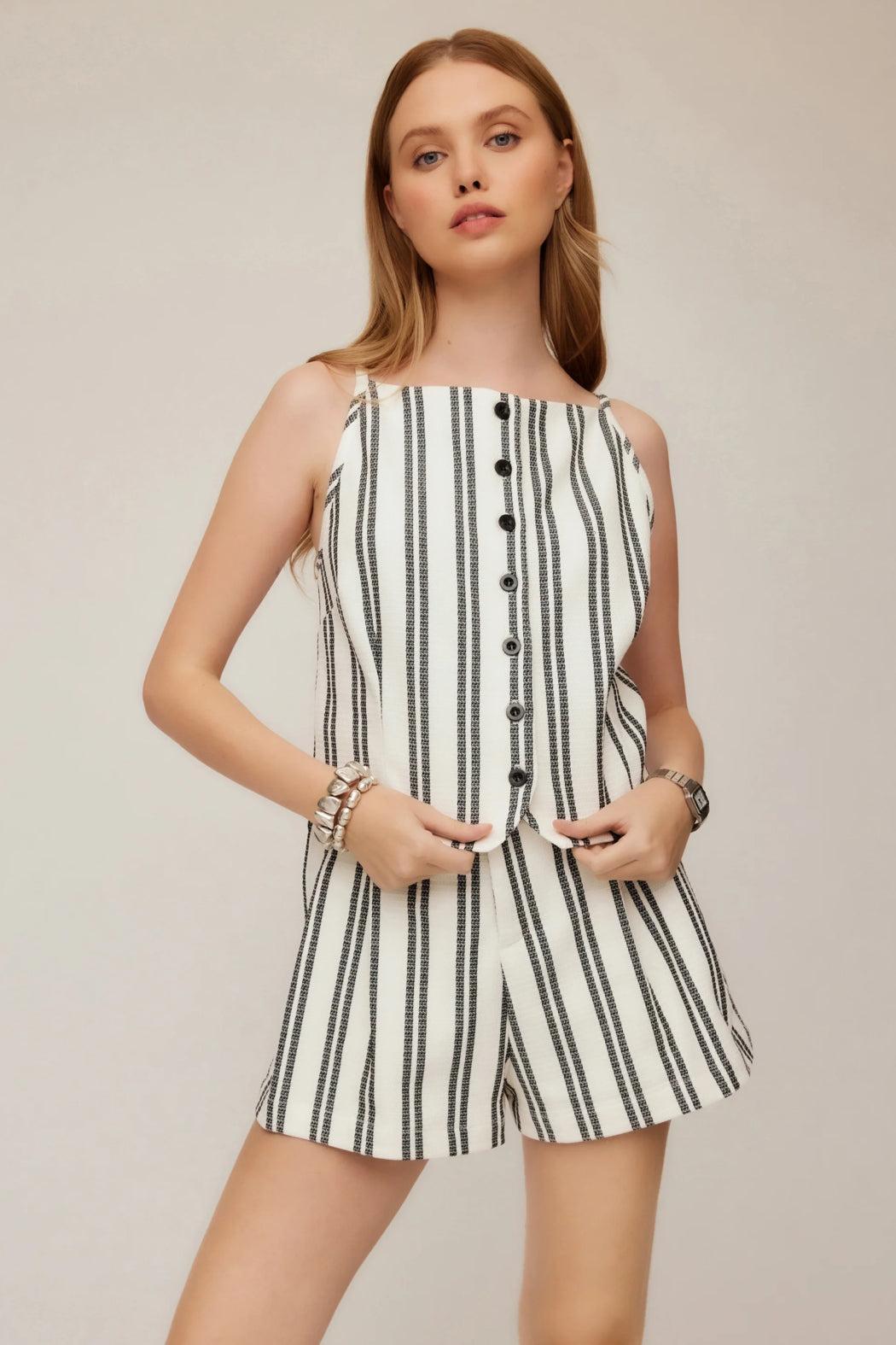 Elis Sleeveless Button-Up Top - Black Stripe Product Image