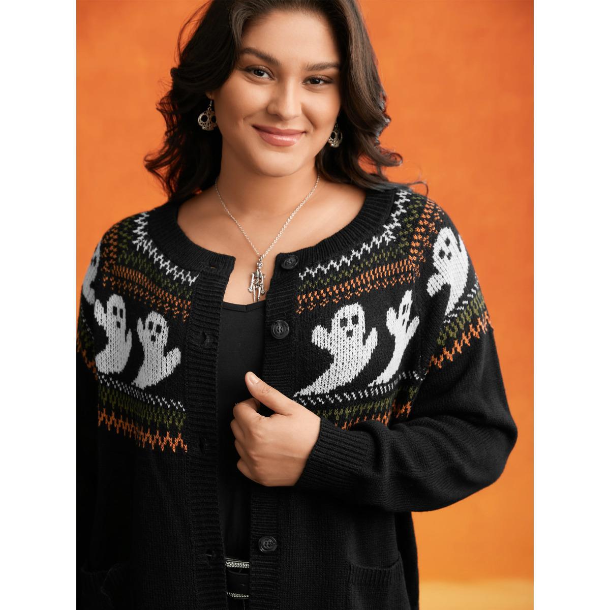 Plus Size Ghostly Fair Isle Button-Up Cardigan Black Women Casual Long Sleeve Everyday Cardigans BloomChic 30/6X Product Image