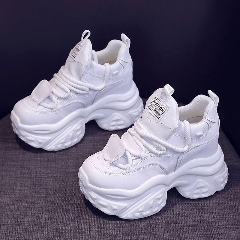 Platform Hidden Wedge Plain Lace-Up Faux Leather Sneakers Product Image