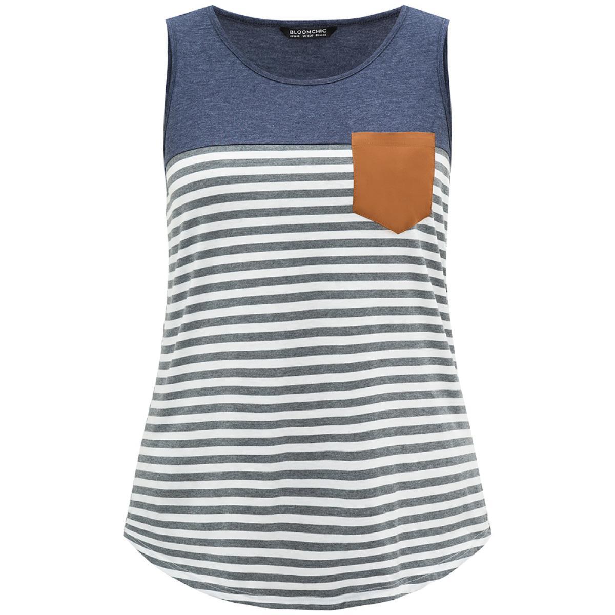 Plus Size Striped Patchwork Contrast Pocket Tank Top Women Blue Casual Contrast Round Neck Dailywear Tank Tops Camis BloomChic 10/M Product Image