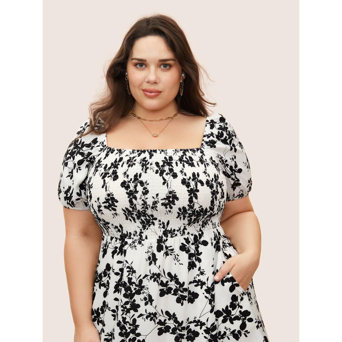 Plus Size Silhouette Floral Print Shirred Puff Sleeve Dress Black Women Elegant Gathered Square Neck Short sleeve Curvy Midi Dress BloomChic 28/5X Product Image