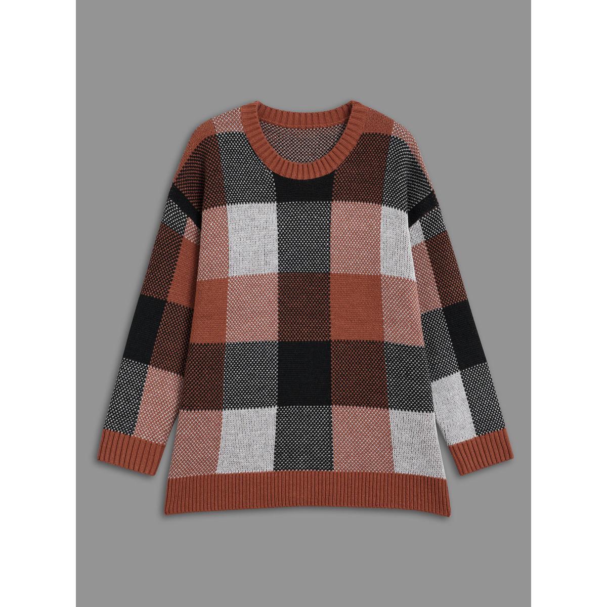 Plus Size Plaid Contrast Slit Hem Pullover Yellowishbrown Women Casual Loose Long Sleeve Round Neck Everyday Pullovers BloomChic 22-24/3X Product Image