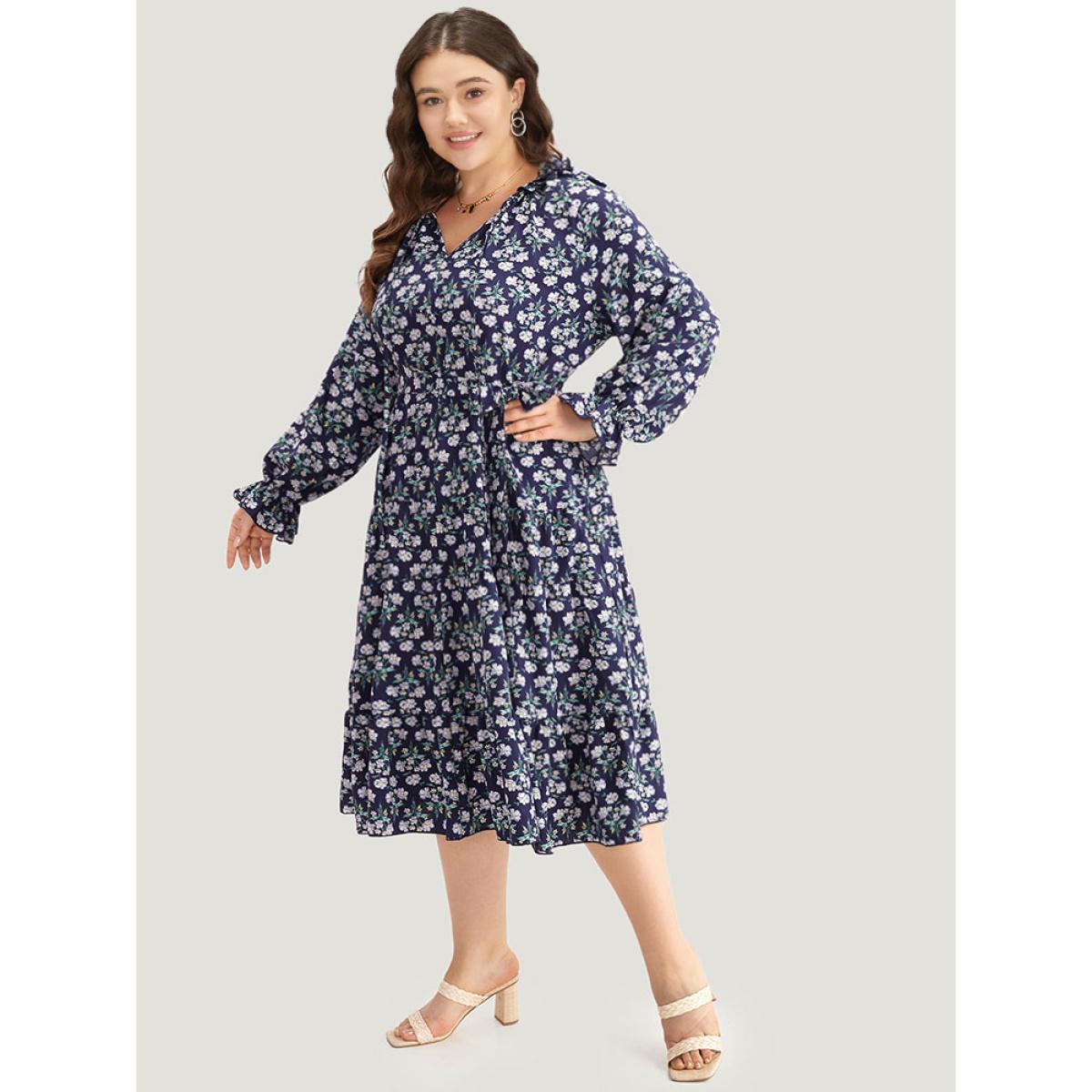 Plus Size Ditsy Floral Pocket Tie Neck Frill Trim Dress Indigo Women Vacation Cross straps Tie Neck Long Sleeve Curvy Midi Dress BloomChic 12/L Product Image