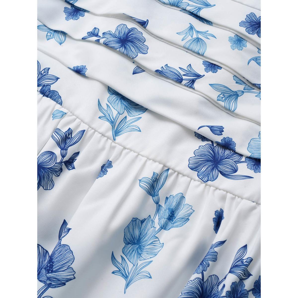 Plus Size Square Neck Floral Print Pleated Lantern Sleeve Dress White Women Elegant Non Square Neck Elbow-length sleeve Curvy Midi Dress BloomChic 22-24/3X Product Image