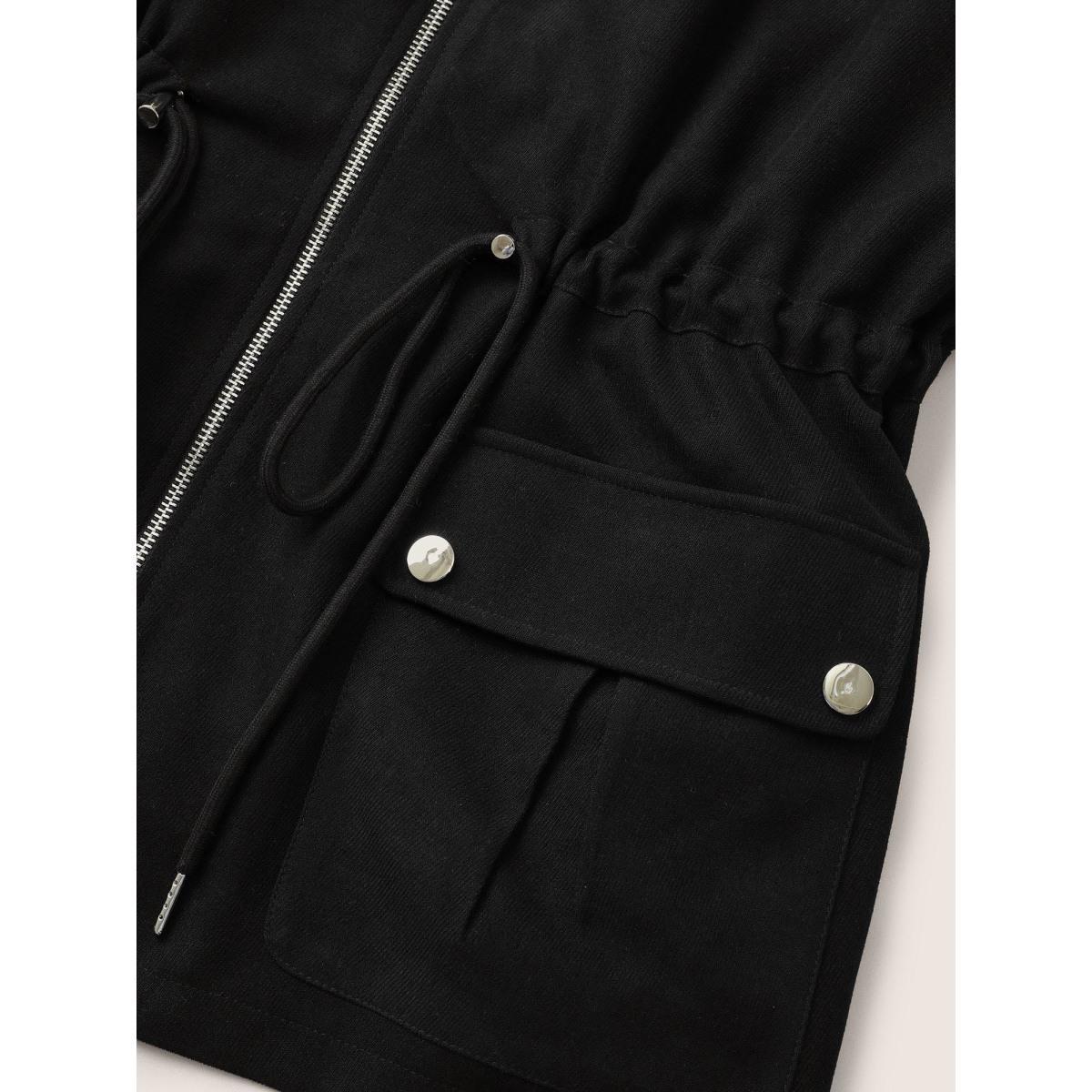 Plus Size Geometric Drawstring Patchwork Hooded Jacket Women Black Non Open pocket with flap Everyday Jackets BloomChic 14-16/1X Product Image